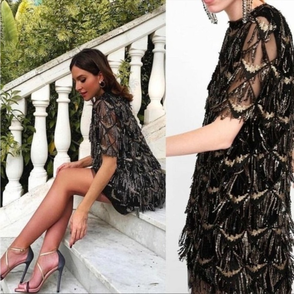 RARE ZARA Black Fringe Sequin Flapper Short Sleeve Mini Dress 1920s